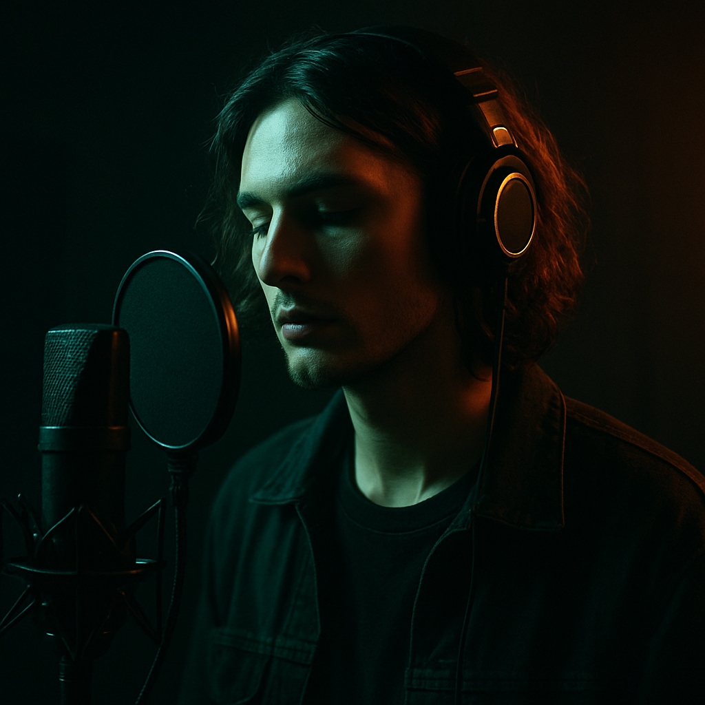 Independent music artist wearing headphones in a studio